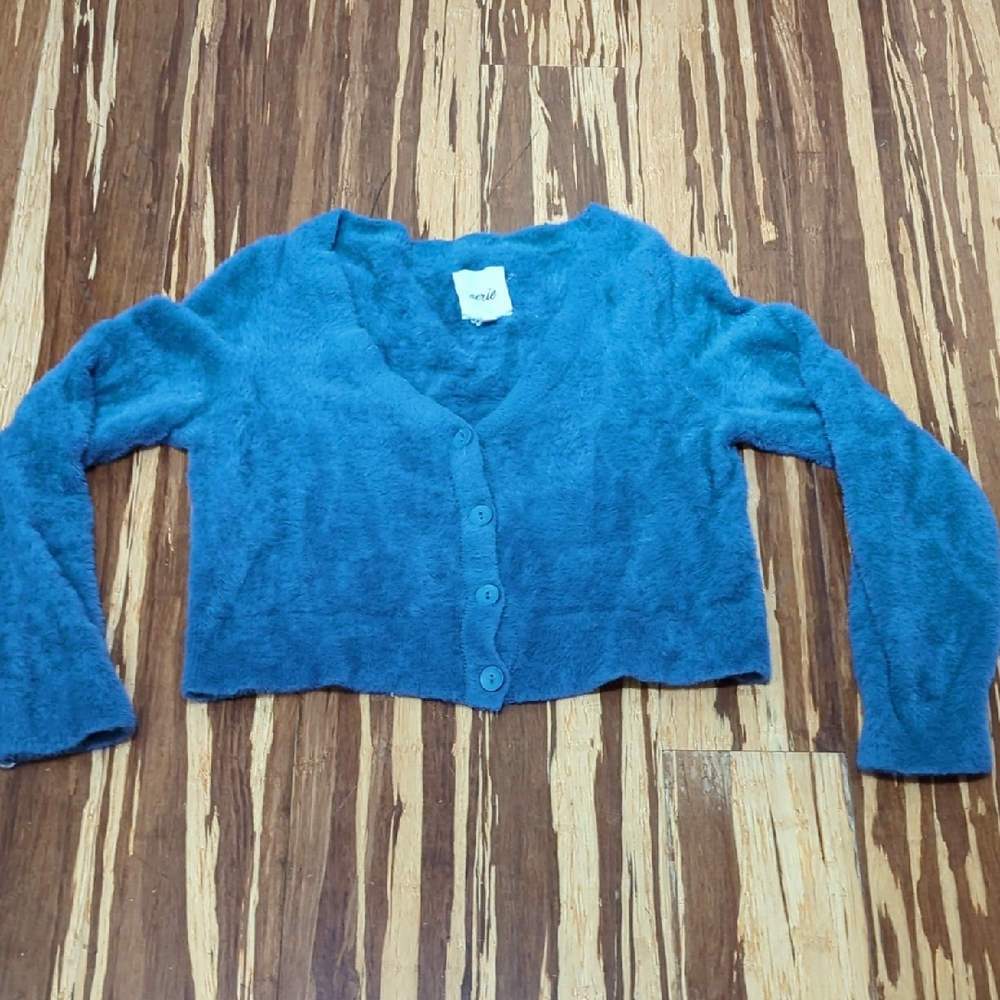 Aerie Blue Fuzzy V-Neck Button Crop Cardigan